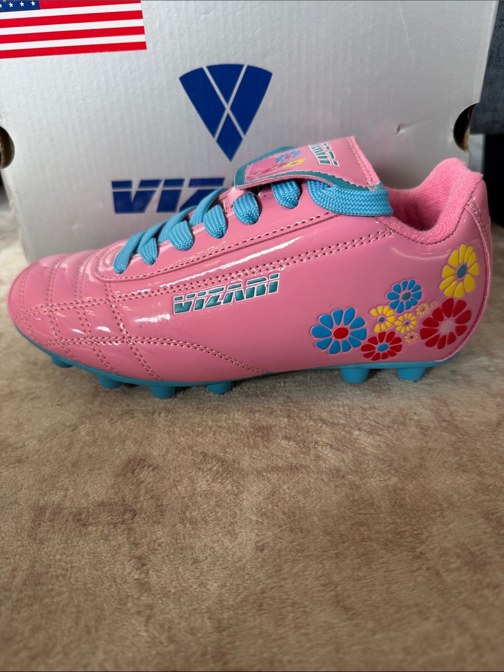 Vizari Kids' Blossom Pink Floral Soccer Cleats with Blue Accents